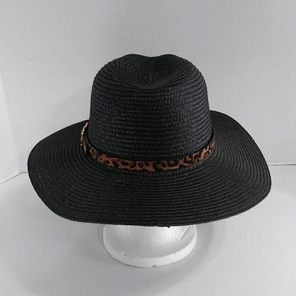 Women\'s Black Leopard Band Straw Safari Hat *NWOT* main image 4